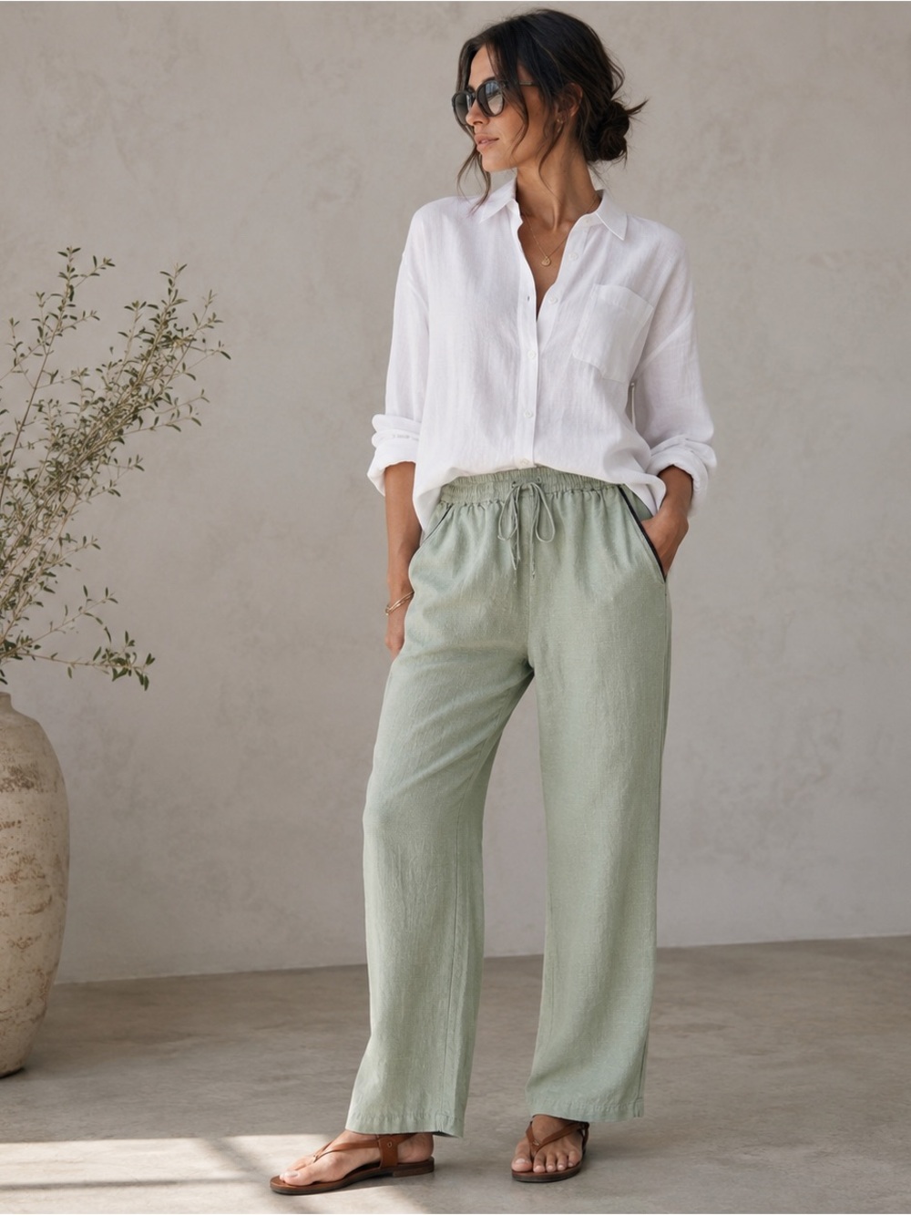 Erin London Sage Green Silk Linen Blend Pull-On Pants Medium Leather Trim